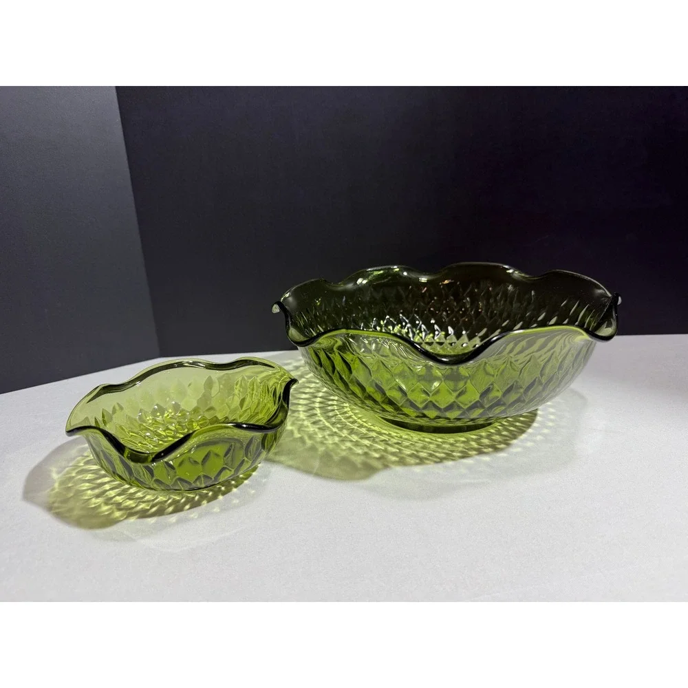 Vintage Indiana Glass Avocado Green Diamond Point Ruffled Serving Bowl Set of 2